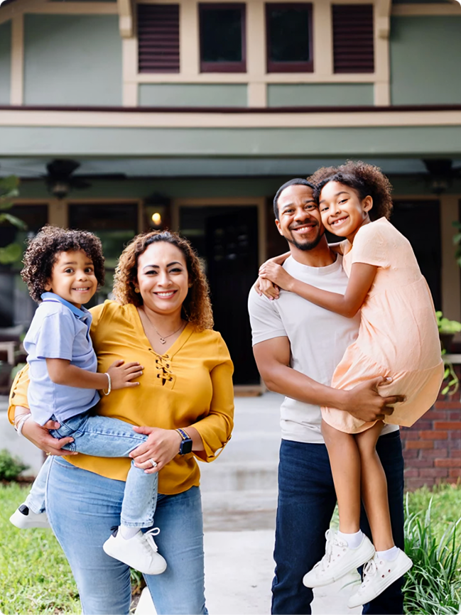 Smiling family of four outside their house